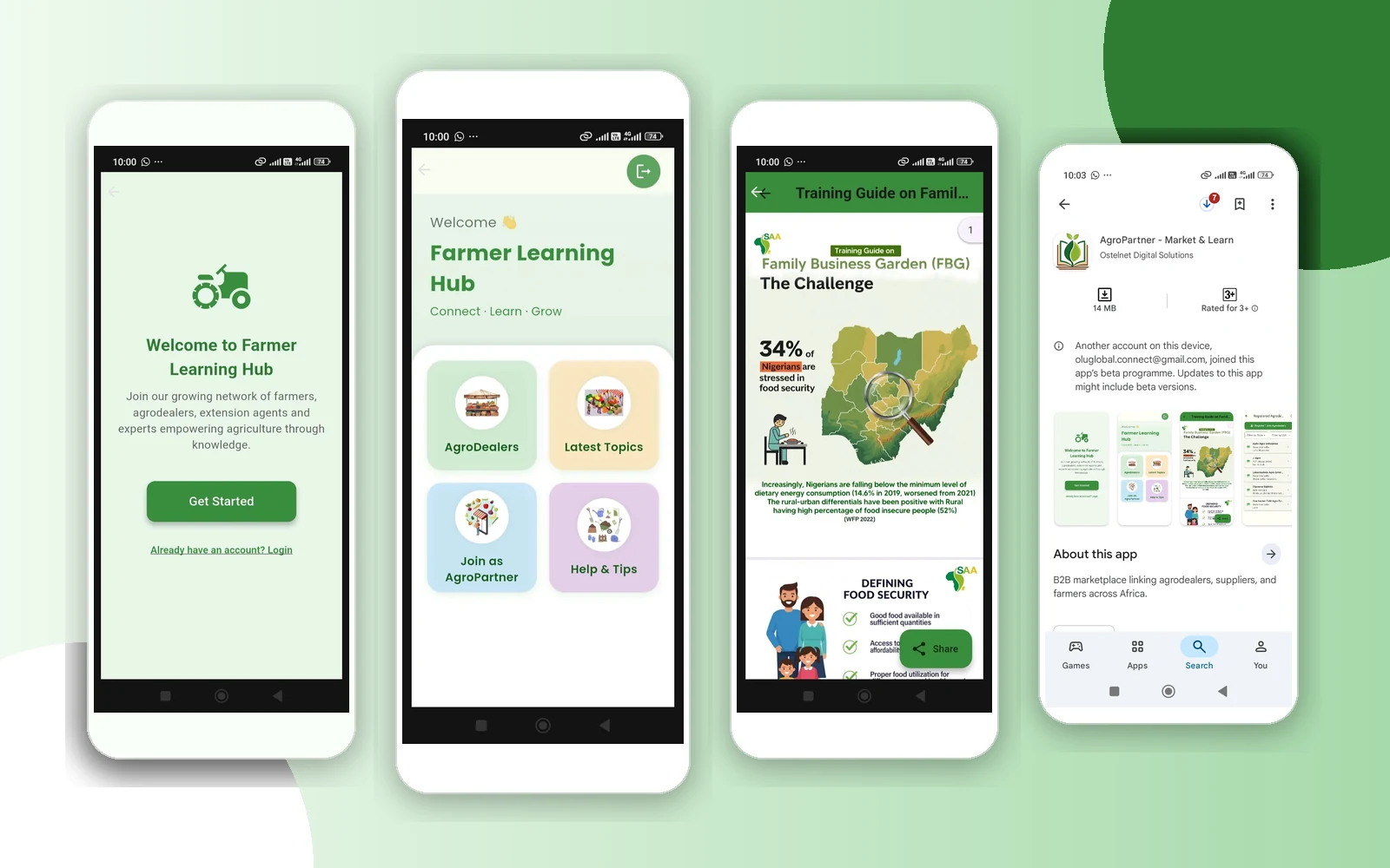 AgroPartner Market and Learn Android application screens and Google Play listing