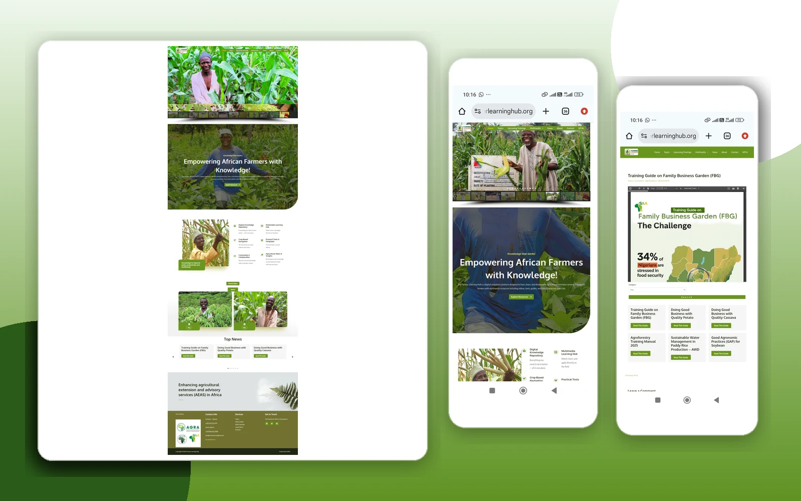 Farmer Learning Hub desktop and mobile agricultural learning platform interfaces
