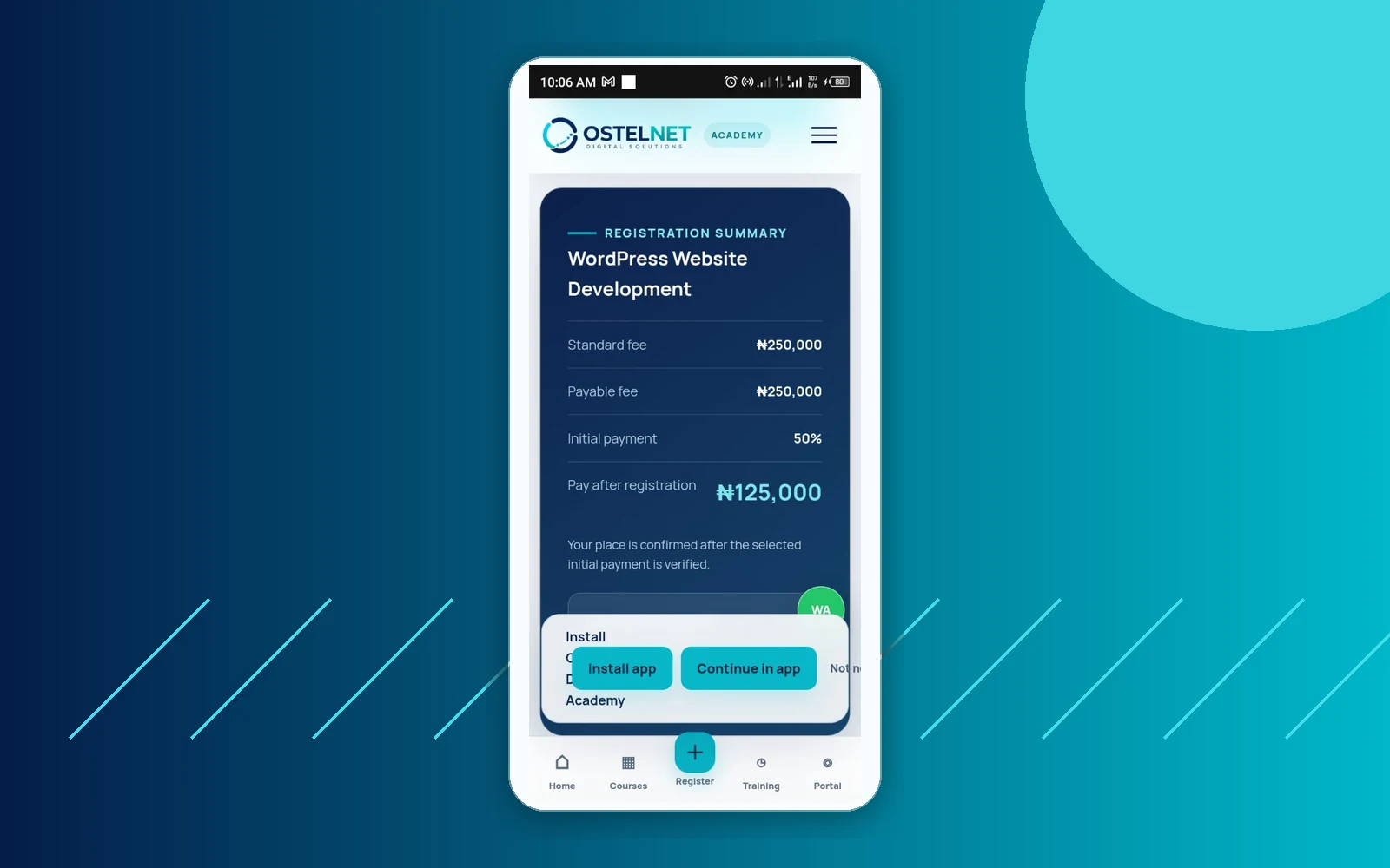 Ostelnet Digital Academy mobile registration summary and installable app prompt