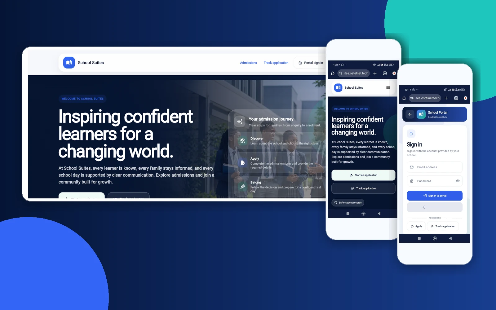 Ostelnet SchoolSuite responsive admissions website and mobile school portal interfaces
